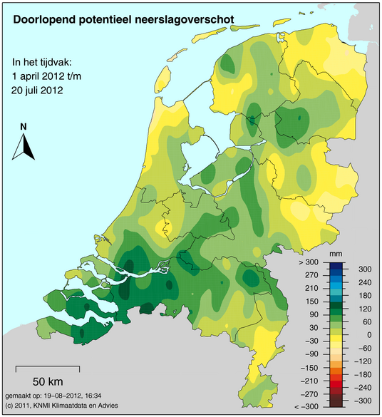 Figuur 4. Doorlopend potentieel neerslagoverschot in Nederland op 20 juli 2012. Bron: http://www.knmi.nl. Figuur 4. Doorlopend potentieel neerslagoverschot in Nederland op 20 juli 2012. Bron: http://www.knmi.nl.